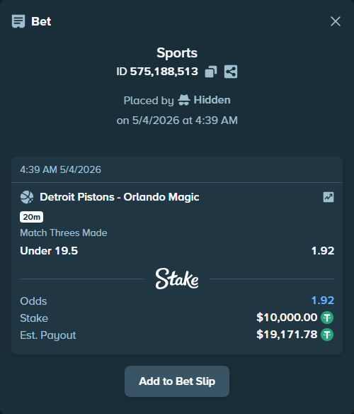 Bet slip: , $10,000.00 stake at 1.92 odds, placed by Hidden