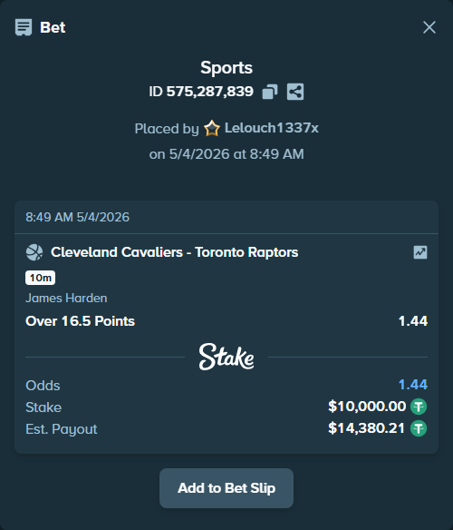 Bet slip: , $10,000.00 stake at 1.44 odds, placed by Lelouch1337x