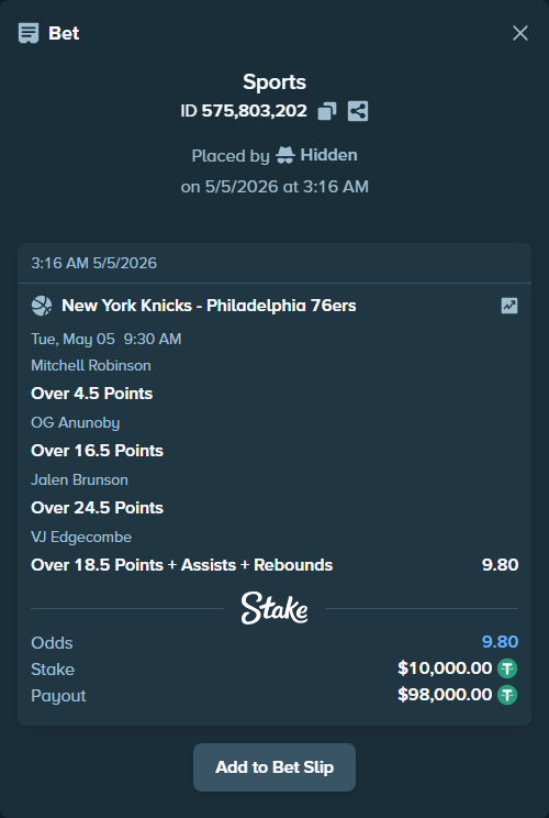 Bet slip: , $10,000.00 stake at 2.45 odds, placed by Hidden
