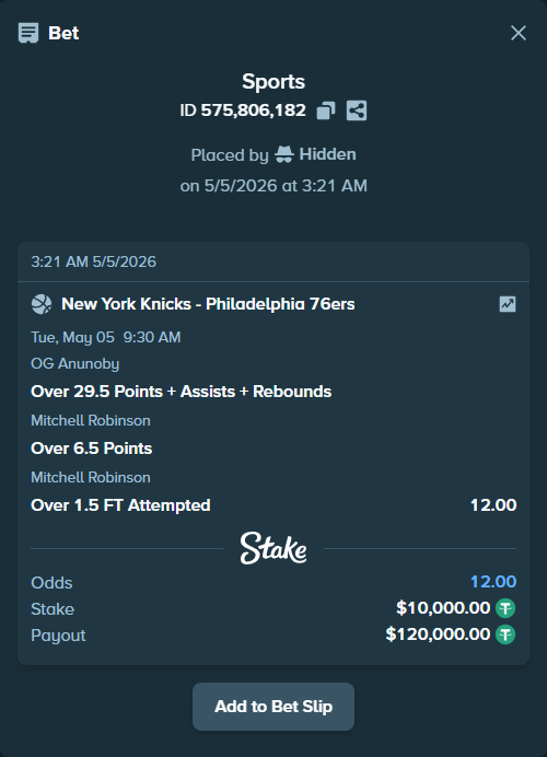 Bet slip: , $10,000.00 stake at 4.00 odds, placed by Hidden