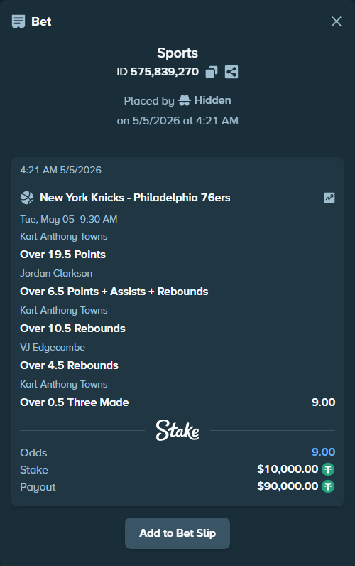 Bet slip: , $10,000.00 stake at 1.80 odds, placed by Hidden