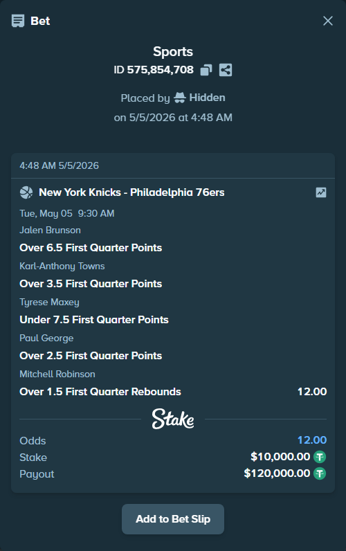 Bet slip: , $10,000.00 stake at 2.40 odds, placed by Hidden