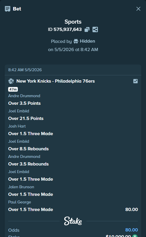 Bet slip: , $10,000.00 stake at 10.00 odds, placed by Hidden