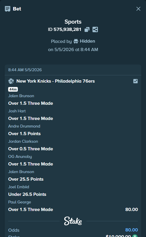 Bet slip: , $10,000.00 stake at 10.00 odds, placed by Hidden