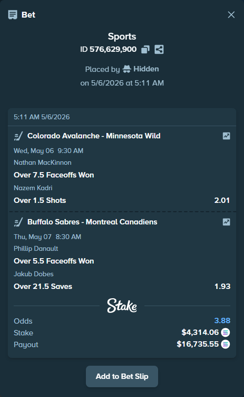 Bet slip: , $10,000.00 stake at 1.00 odds, placed by Hidden