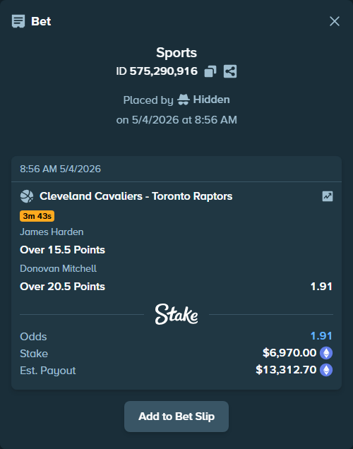 Bet slip: , $10,433.74 stake at 0.95 odds, placed by Hidden