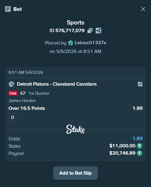 Bet slip: , $11,000.00 stake at 1.89 odds, placed by Lelouch1337x
