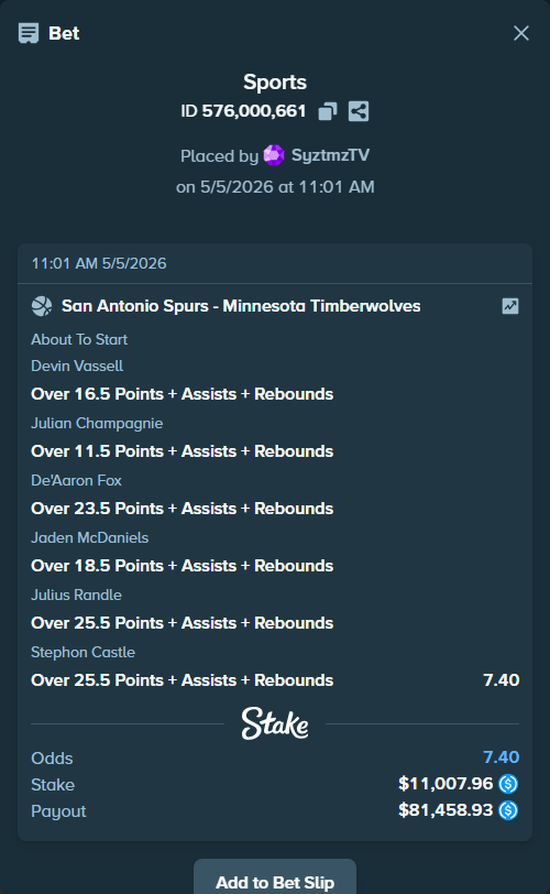Bet slip: , $11,007.96 stake at 1.23 odds, placed by SyztmzTV