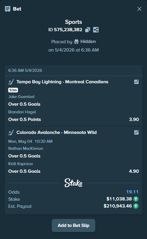 Bet slip: , $11,038.38 stake at 1.95 odds, placed by Hidden