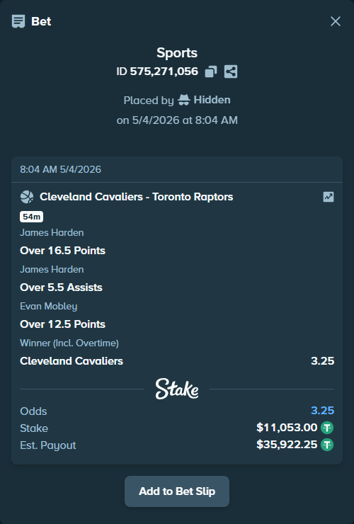 Bet slip: , $11,053.00 stake at 0.81 odds, placed by Hidden