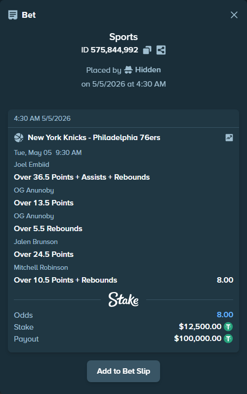 Bet slip: , $12,500.00 stake at 1.60 odds, placed by Hidden