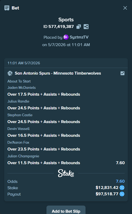 Bet slip: , $12,831.42 stake at 1.27 odds, placed by SyztmzTV