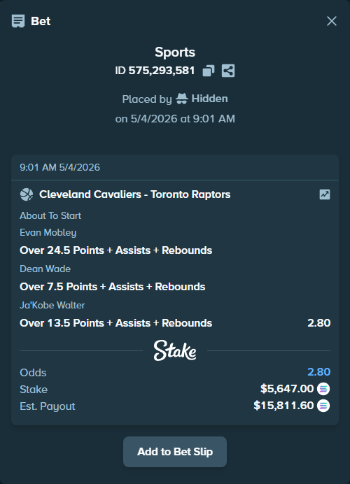 Bet slip: , $13,383.39 stake at 0.93 odds, placed by Hidden