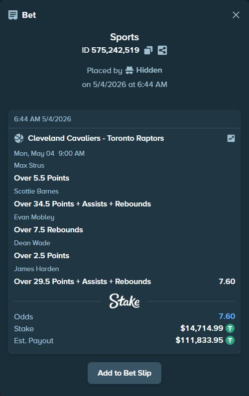 Bet slip: , $14,714.99 stake at 1.52 odds, placed by Hidden