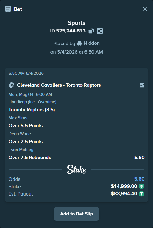 Bet slip: , $14,999.00 stake at 1.40 odds, placed by Hidden