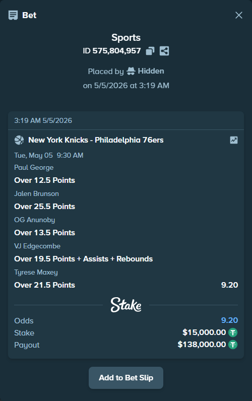 Bet slip: , $15,000.00 stake at 1.84 odds, placed by Hidden
