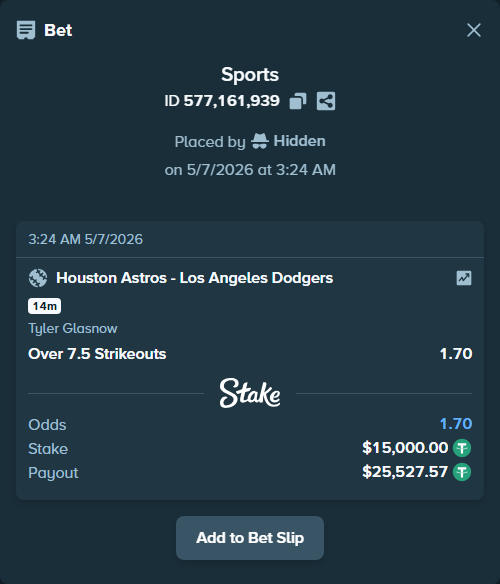 Bet slip: , $15,000.00 stake at 1.70 odds, placed by Hidden