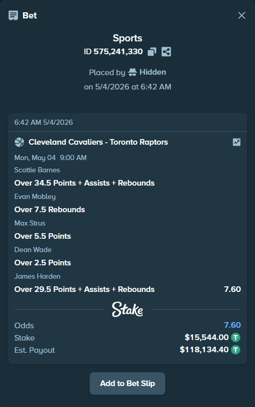 Bet slip: , $15,544.00 stake at 1.52 odds, placed by Hidden