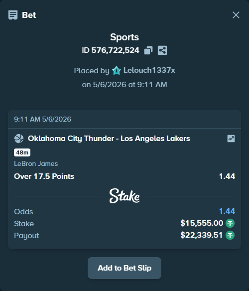 Bet slip: , $15,555.00 stake at 1.44 odds, placed by Lelouch1337x