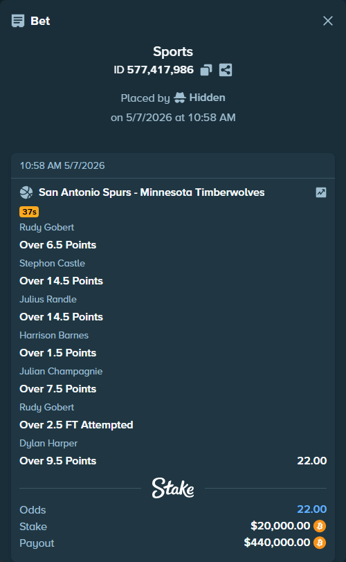 Bet slip: , $17,276.00 stake at 3.14 odds, placed by Hidden