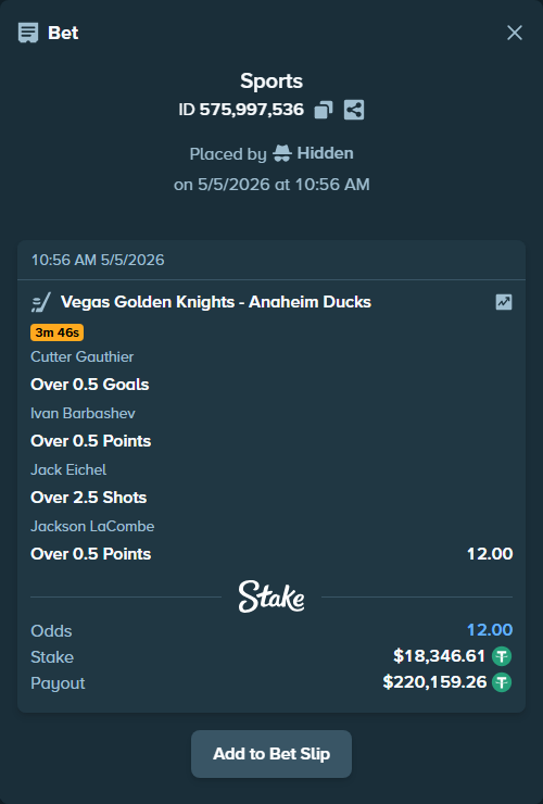 Bet slip: , $18,346.61 stake at 3.00 odds, placed by Hidden