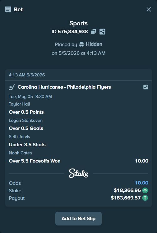 Bet slip: , $18,366.96 stake at 2.50 odds, placed by Hidden