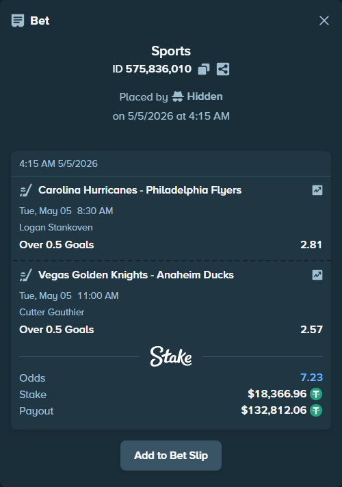 Bet slip: , $18,366.96 stake at 2.81 odds, placed by Hidden