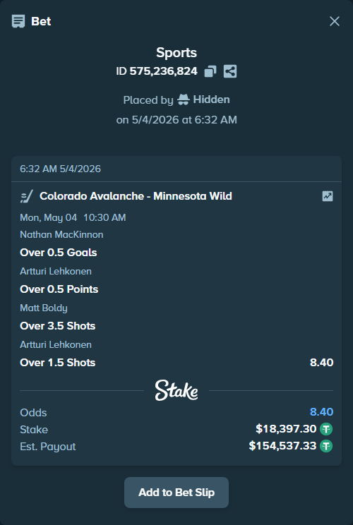 Bet slip: , $18,397.30 stake at 2.10 odds, placed by Hidden
