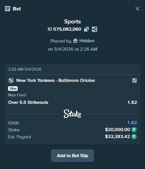 Bet slip: , $20,000.00 stake at 1.62 odds, placed by Hidden