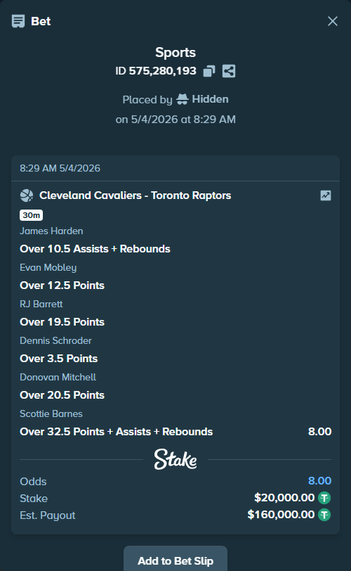 Bet slip: , $20,000.00 stake at 1.33 odds, placed by Hidden