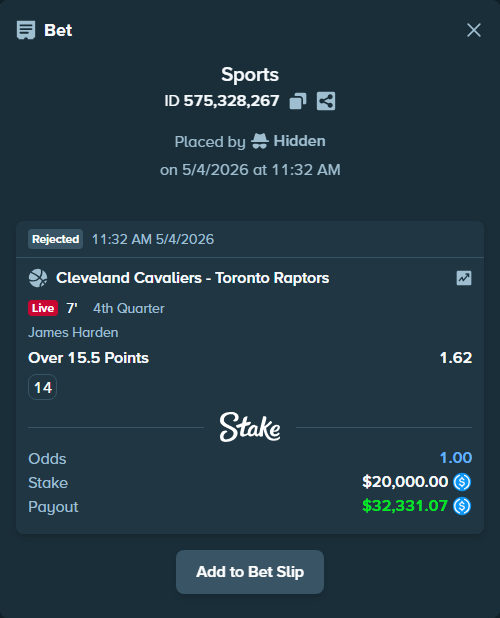 Bet slip: , $20,000.00 stake at 1.62 odds, placed by Hidden