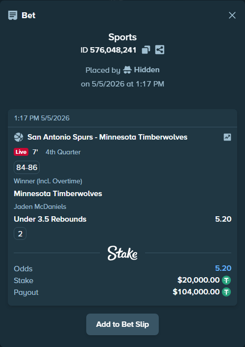 Bet slip: , $20,000.00 stake at 2.60 odds, placed by Hidden