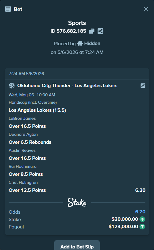 Bet slip: , $20,000.00 stake at 1.03 odds, placed by Hidden