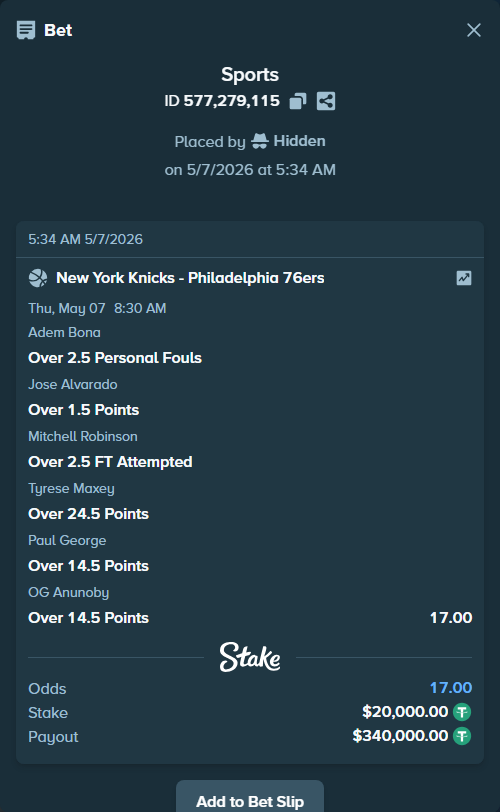 Bet slip: , $20,000.00 stake at 2.83 odds, placed by Hidden
