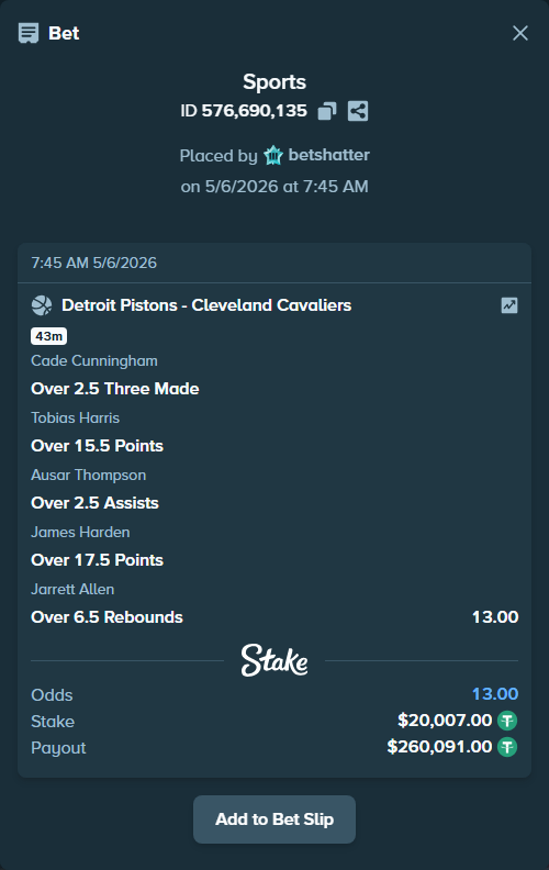 Bet slip: , $20,007.00 stake at 2.60 odds, placed by betshatter
