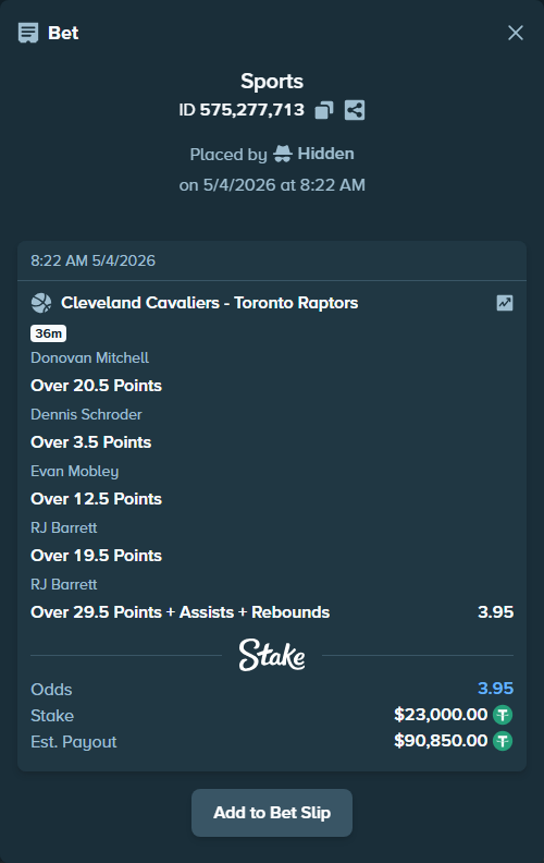 Bet slip: , $23,000.00 stake at 0.79 odds, placed by Hidden