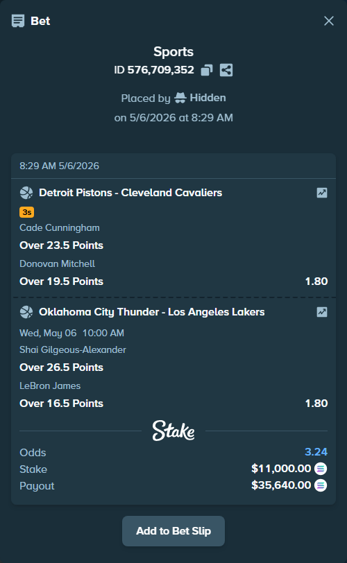 Bet slip: , $25,498.00 stake at 0.90 odds, placed by Hidden