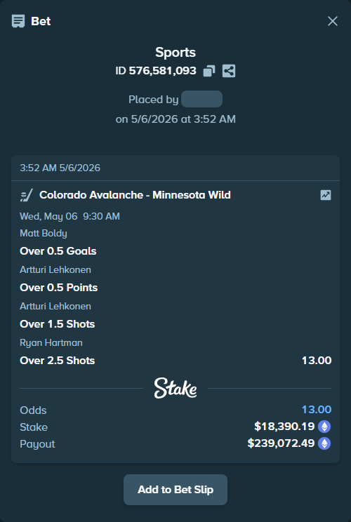 Bet slip: , $27,188.06 stake at 3.25 odds, placed by Cabrzy