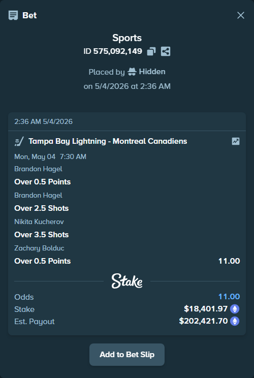 Bet slip: , $27,649.88 stake at 2.75 odds, placed by Hidden