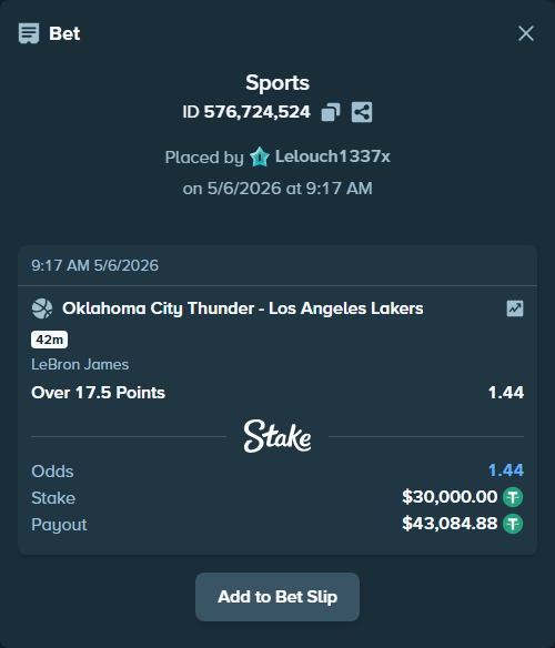 Bet slip: , $30,000.00 stake at 1.44 odds, placed by Lelouch1337x