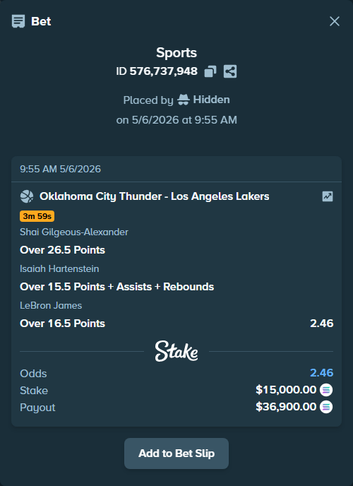 Bet slip: , $34,740.00 stake, placed by Hidden