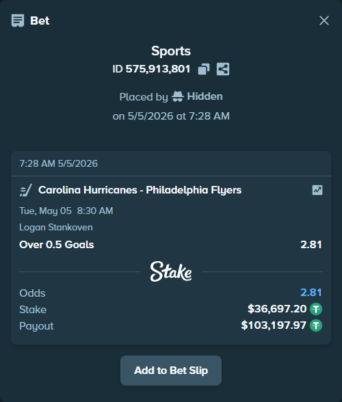 Bet slip: , $36,697.20 stake at 2.81 odds, placed by Hidden