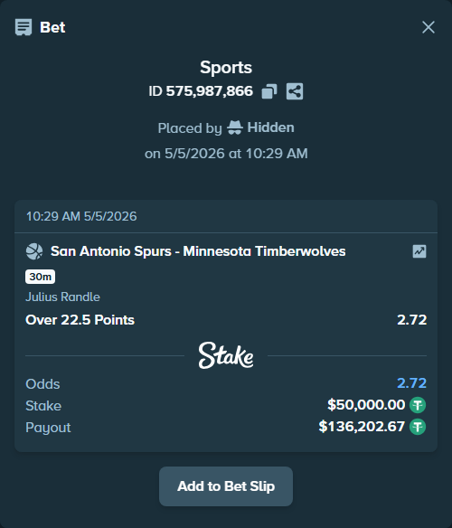Bet slip: , $50,000.00 stake at 2.72 odds, placed by Hidden