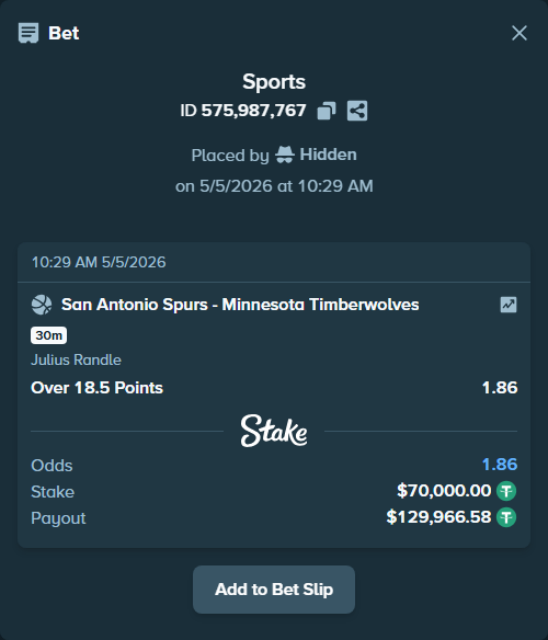 Bet slip: , $70,000.00 stake at 1.86 odds, placed by Hidden