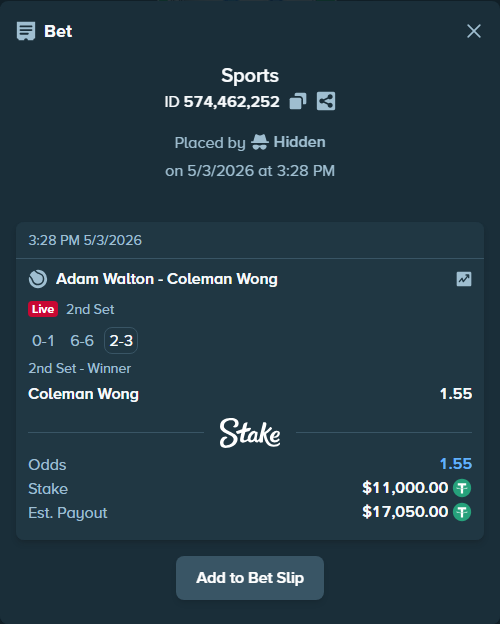 Bet slip: Adam Walton - Coleman Wong, $11,000.00 stake at 1.55 odds, placed by Hidden