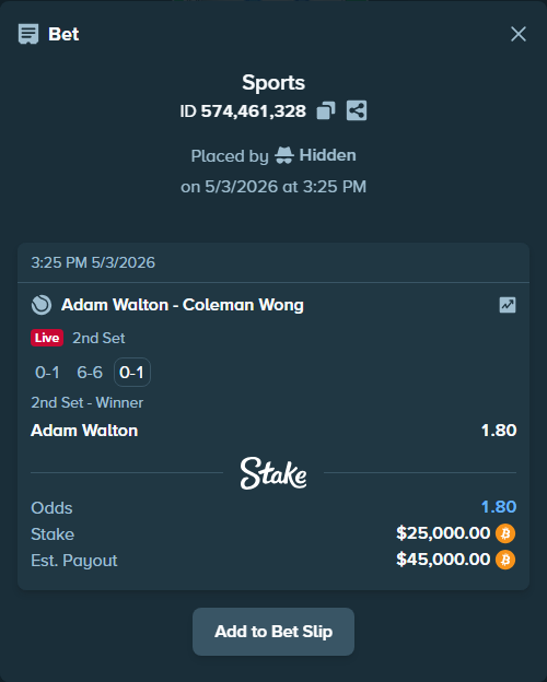 Bet slip: Adam Walton - Coleman Wong, $22,382.50 stake at 1.80 odds, placed by Hidden