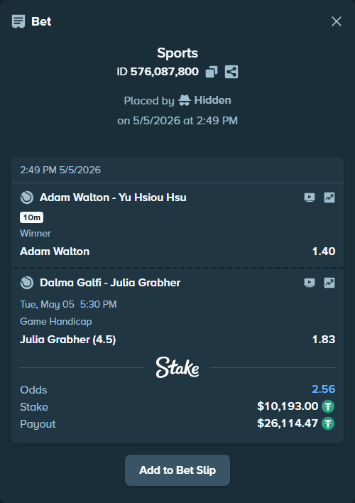 Bet slip: Adam Walton - Yu Hsiou Hsu, $10,193.00 stake at 1.40 odds, placed by Hidden