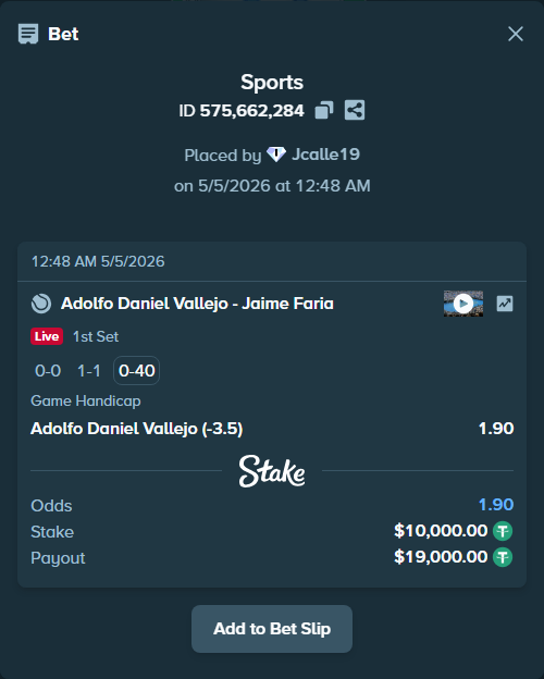 Bet slip: Adolfo Daniel Vallejo - Jaime Faria, $10,000.00 stake at 1.90 odds, placed by Jcalle19