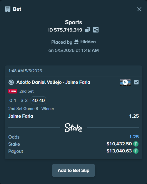 Bet slip: Adolfo Daniel Vallejo - Jaime Faria, $10,432.50 stake at 1.25 odds, placed by Hidden