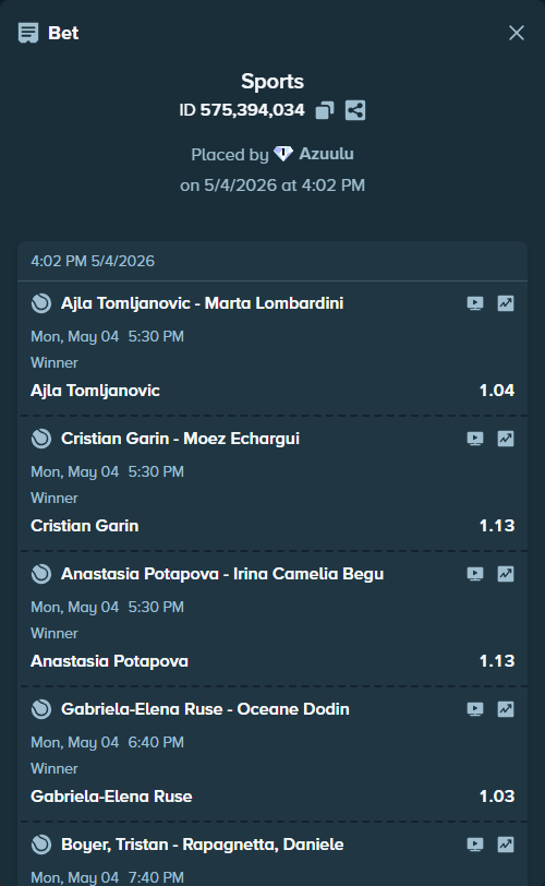 Bet slip: Ajla Tomljanovic - Marta Lombardini, $125,000.00 stake at 1.04 odds, placed by Azuulu